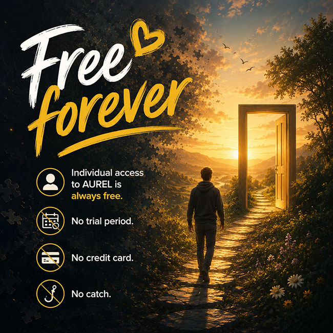 Free forever Individual access to AUREL is always free. No trial period. No credit card. No catch.